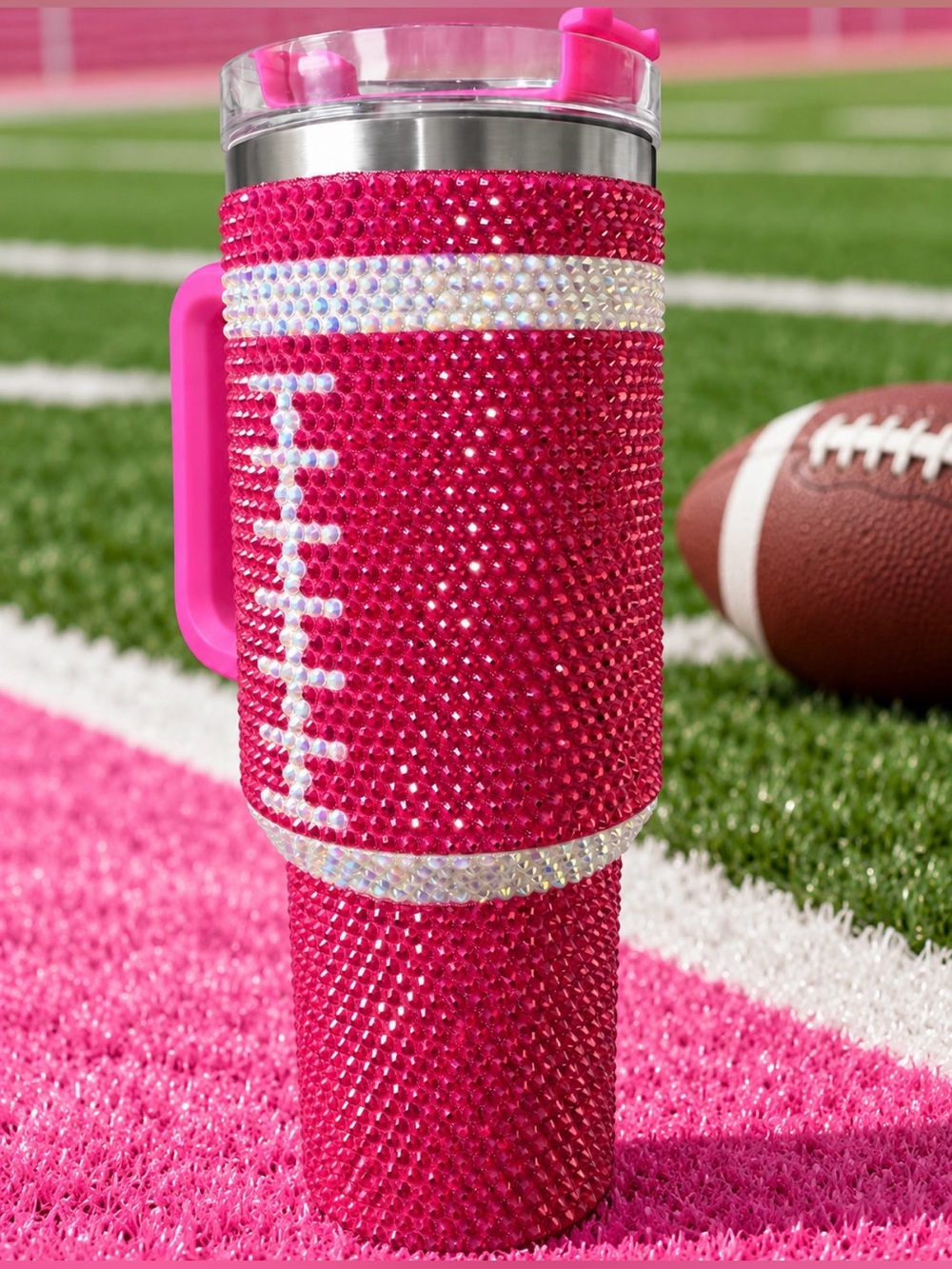 Rose Red Rhinestone Stainless Steel Football-Inspired  40 oz Tumbler with Straw